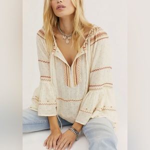 Free People Talia Embroidered Bell Sleeve Tie Neck Blouse Peasant Top XS
